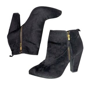 Steve Madden Jorlynn Ankle Boots Cow Hair Pointed Toe Gold Zip Black Glam Sz 10